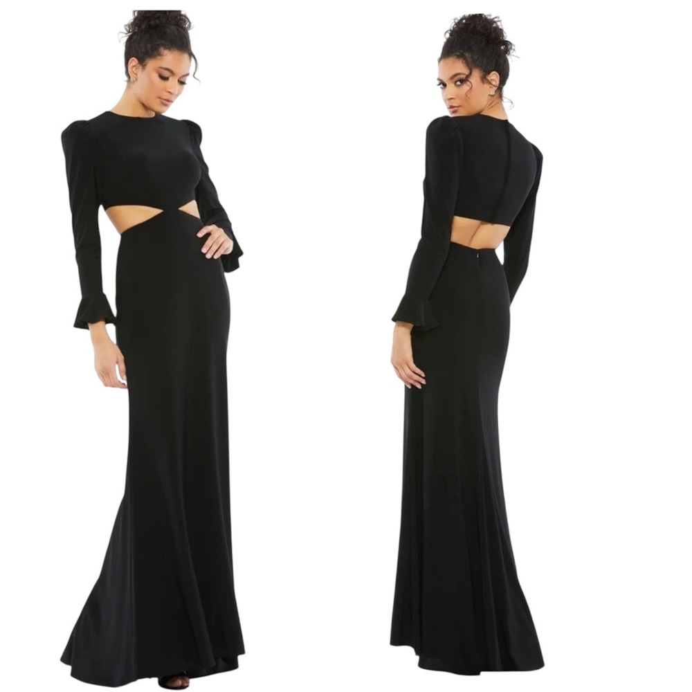 Ieena for Mac Duggal Long Sleeve Puff Shoulder Cut Out Gown